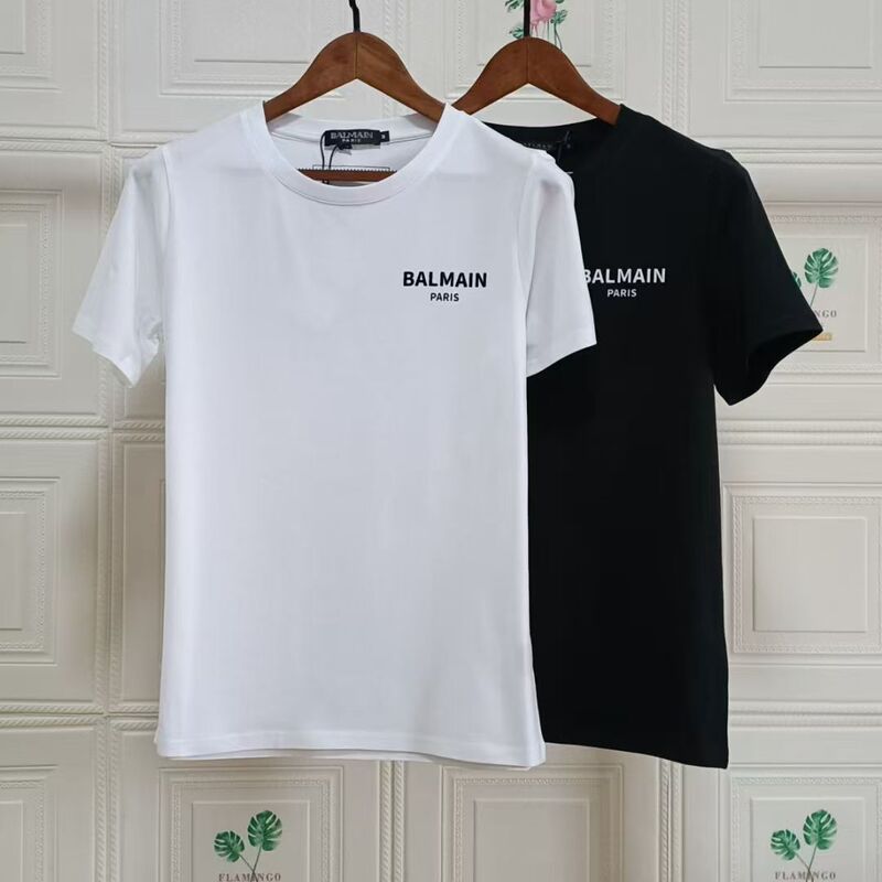European and American Trendy Brand New Balmain Pure Cotton Flocked Small Letter Casual Short-Sleeved T-Shirt for Men and Women