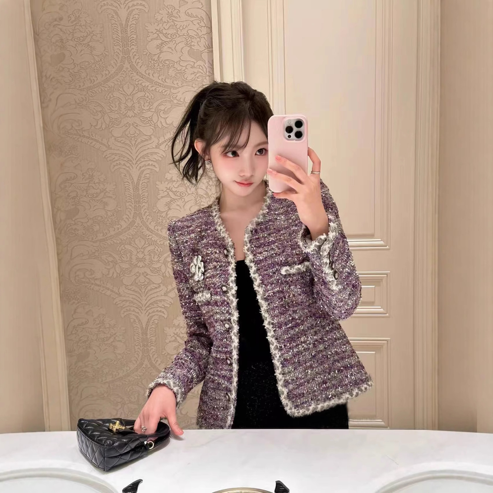 Round-Neck Thick Tweed Purple Chanel-Style Jacket for Women, Long-Sleeved Straight-Cut Slimming Top, Mid-Length, Elegant and Stylish