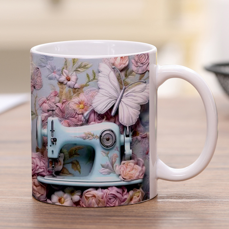 Impresión de taza de efecto de máquina de coser 3D, impresión de taza de cerámica transfronteriza, impresión de espacio LOGO, taza de cerámica blanca creativa