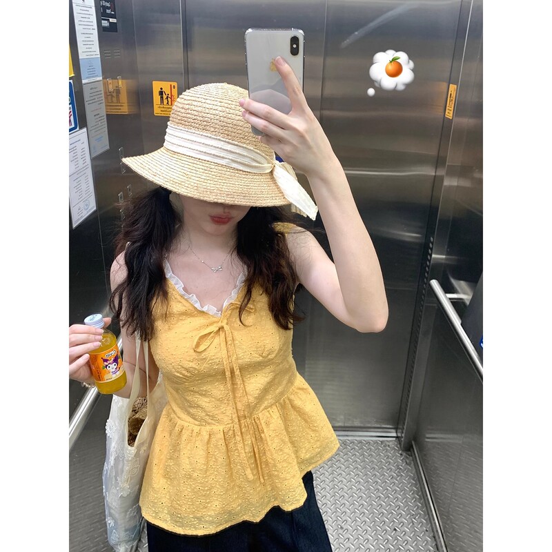 Sunset Daisy V-Neck Lace Bow Sleeveless Top for Women, Summer Outerwear, Waist-Cinching Slimming Blouse