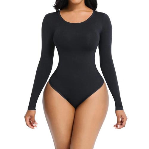 Amazon European and American one-piece shaping bodysuit, long-sleeved women, seamless ribbed tummy control, buttoned slimming body shaping