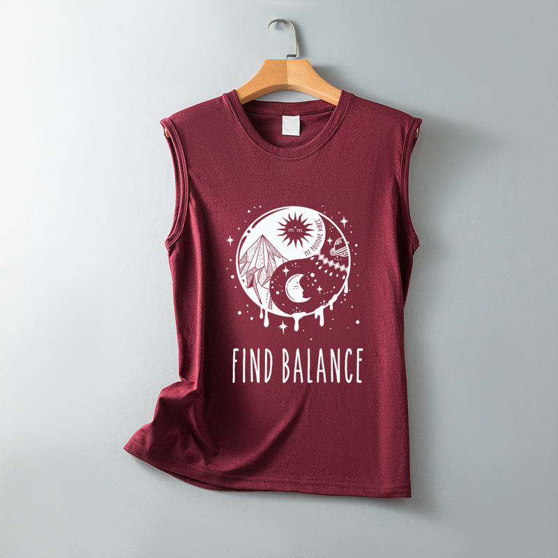 Find balance Sun Moon Gossip Printed Sleeveless T-shirt Women's European and American Casual Polyester Cotton Loose T-shirt