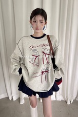 卡通猫咪印花蝴蝶结长袖卫衣女秋季新款设计感撞色慵懒风宽松上衣