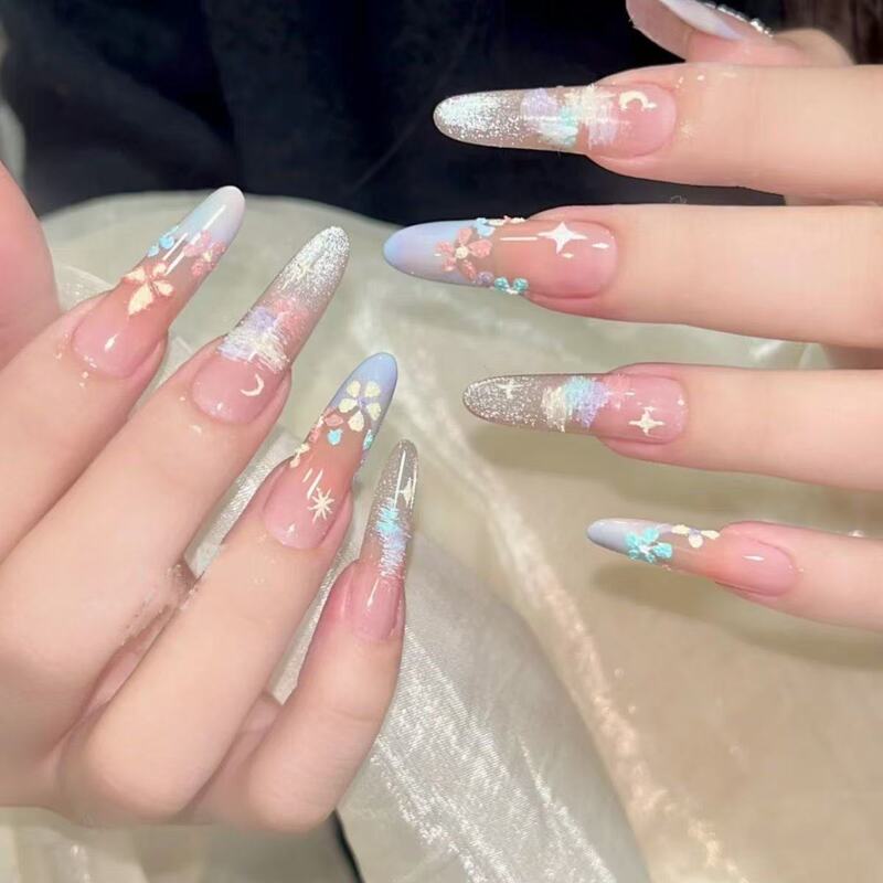 Semi-Handmade Monet Garden Spring-Like Oil Painting Hand-Painted Butterfly Nail Art Wearable Nails French Rainbow Atmosphere Nail Art