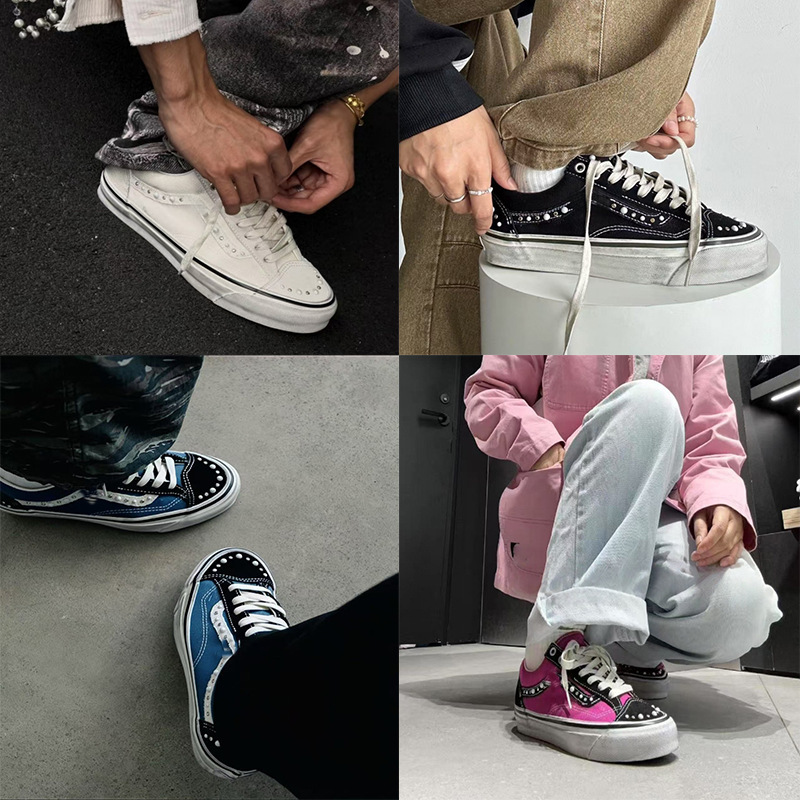 European In-Stock Pearl Rhinestone Vintage-Style Thick-Soled Unisex Sneakers Black and White Checkerboard Casual Chunky Loafers