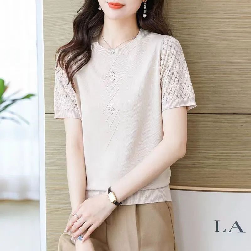 夏の新しい薄い中空セーター無地 Tシャツ女性のラウンドネックプルオーバー半袖トップ韓国スタイルルーズ Tシャツ|undefined