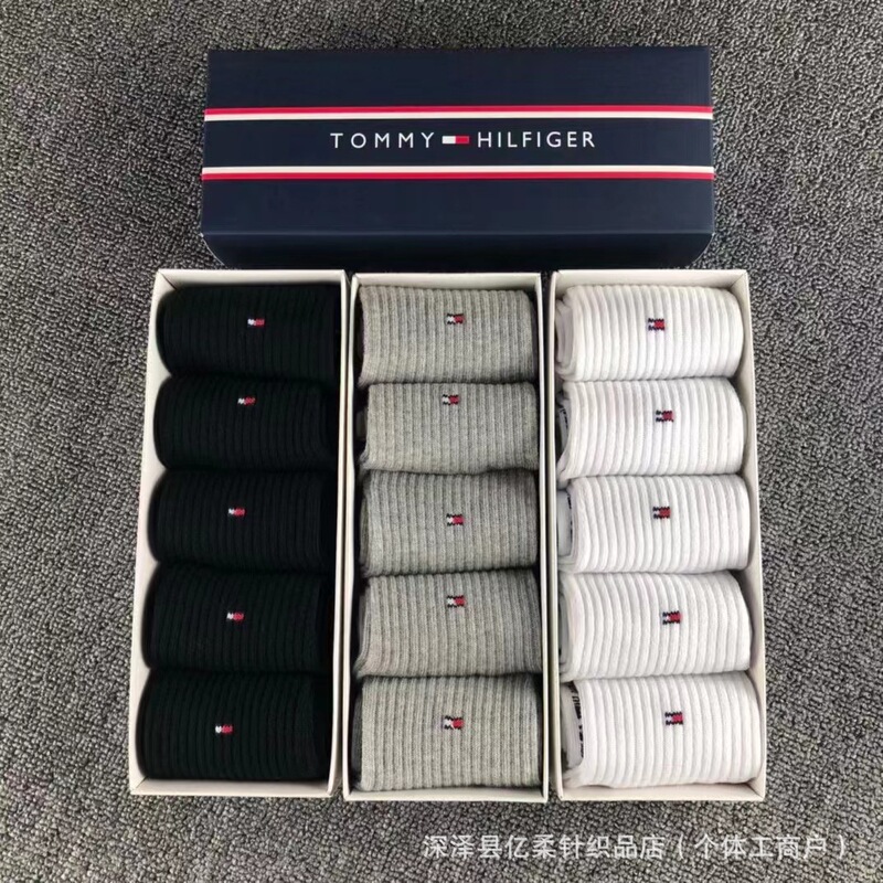 Tommy Socks Five Pairs Boxed Foreign Trade Men's Black and White Gray Mid-Calf Socks Sweat-Absorbent Breathable Business Casual Sports Socks Wholesale