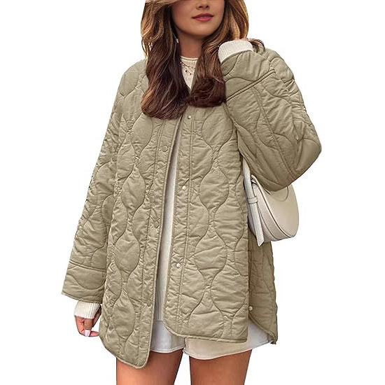 Cross-Border Foreign Trade Women's 2026 Autumn and Winter New European and American Style Quilted Simple Solid Color Round Neck Loose Cotton Jacket