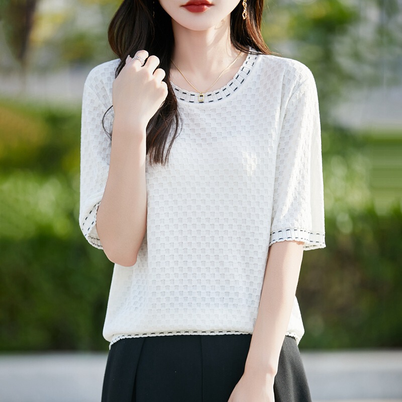 [Directly from the Manufacturer] Summer Thin Round Neck Real Tencel Color-Blocked Short-Sleeved T-Shirt for Women Loose and Fashionable Ice Silk Shirt Trendy