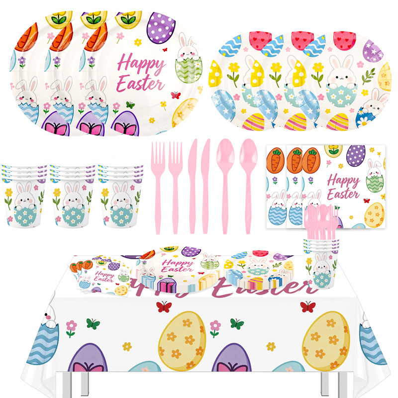 Easter Dinosaur Egg Disposable Tableware Plates Paper Cups Paper Towels Tablecloth Knife Fork Spoon Party Supplies Set