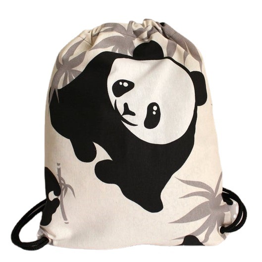 厂家直供定制束口印花可爱熊猫抽绳收纳帆布背包袋打孔穿绳棉布袋