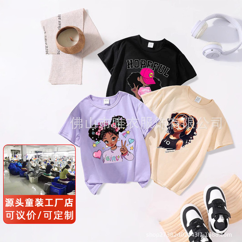 SHEIN cross-border exclusive summer thin girls' European and American style loose-fit t-shirt children's cartoon African girl portrait short-sleeved