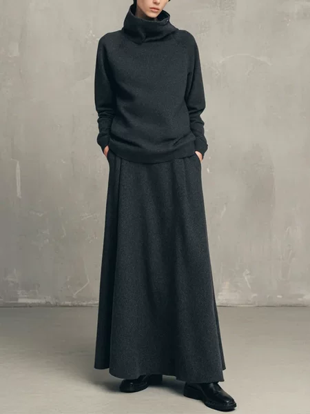 European and American cross-border foreign trade women's clothing autumn and winter double-sided fleece minimalist style solid color high-neck sweatshirt + long skirt two-piece set