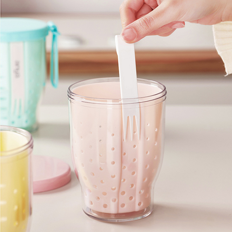 drenaje sellado a prueba de fugas taza de fruta de doble capa con horquilla portátil de gran capacidad fresca ensalada taza de fruta en stock al por mayor