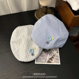 日系简约格子纽扣前进帽女小清新夏季遮脸装饰反戴个性帽子批发潮