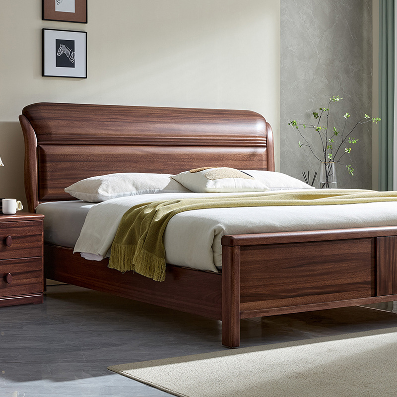 North American Black Walnut Solid Wood Bed with Mortise and Tenon Simple Master Bedroom Large Bed Silent Double Full Solid Wood Thickened Bed Board
