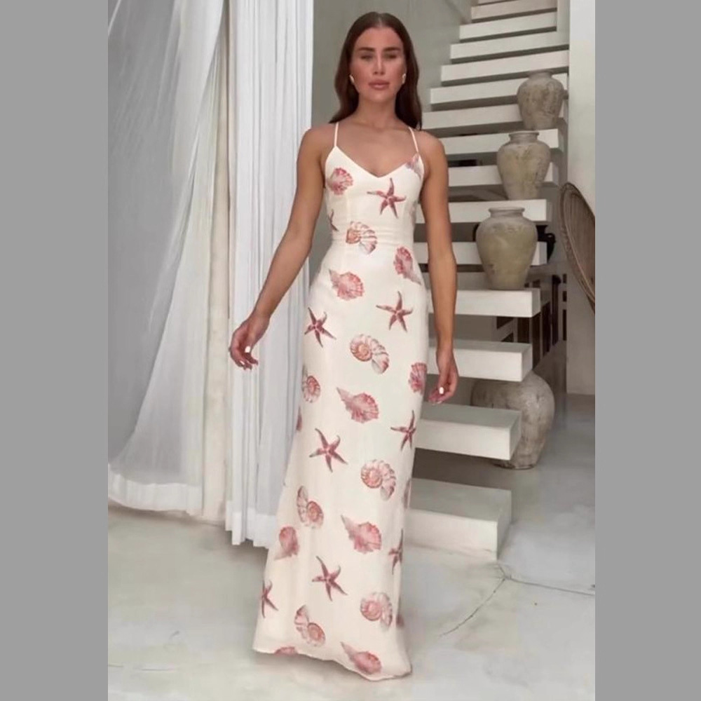 独立站亚马逊欧美女装印花修身吊带连衣裙度假风女装时尚低胸8208