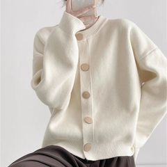 女秋冬季新款纽扣毛衣开衫圆领长袖纯色针织衫外套百搭慵懒风上衣