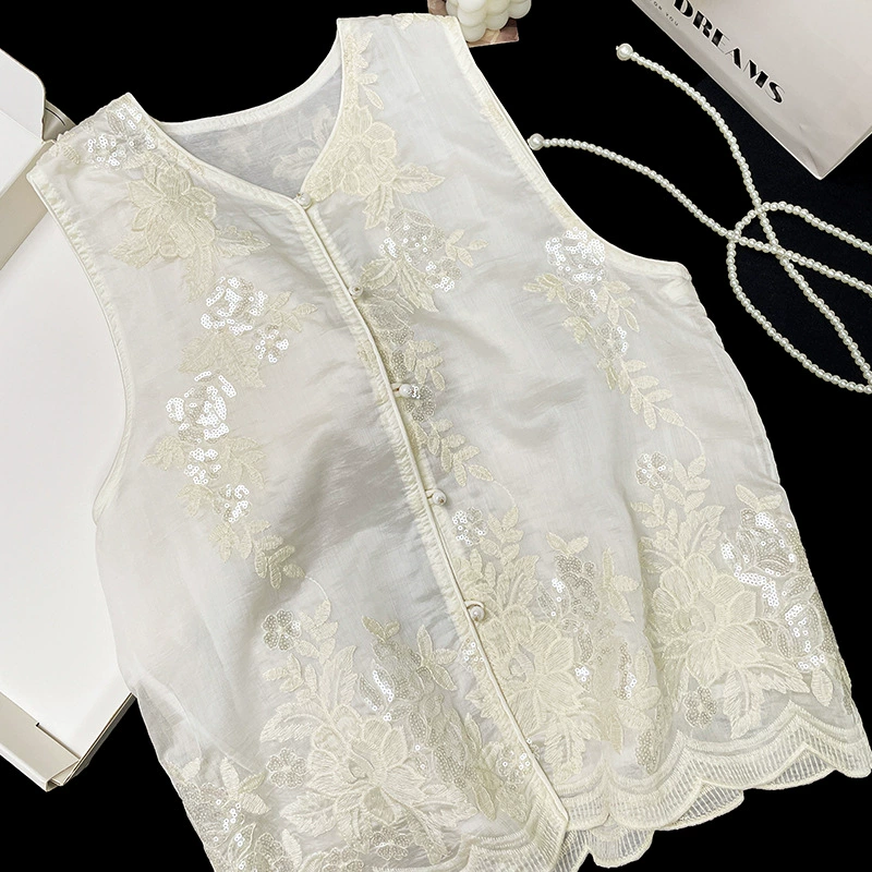 Лето 2025, новый ретро-китайский костюм Тан, улучшенный художественный тонкий жилет с v-образным вырезом и вышивкой пайетками, топ для женщин.