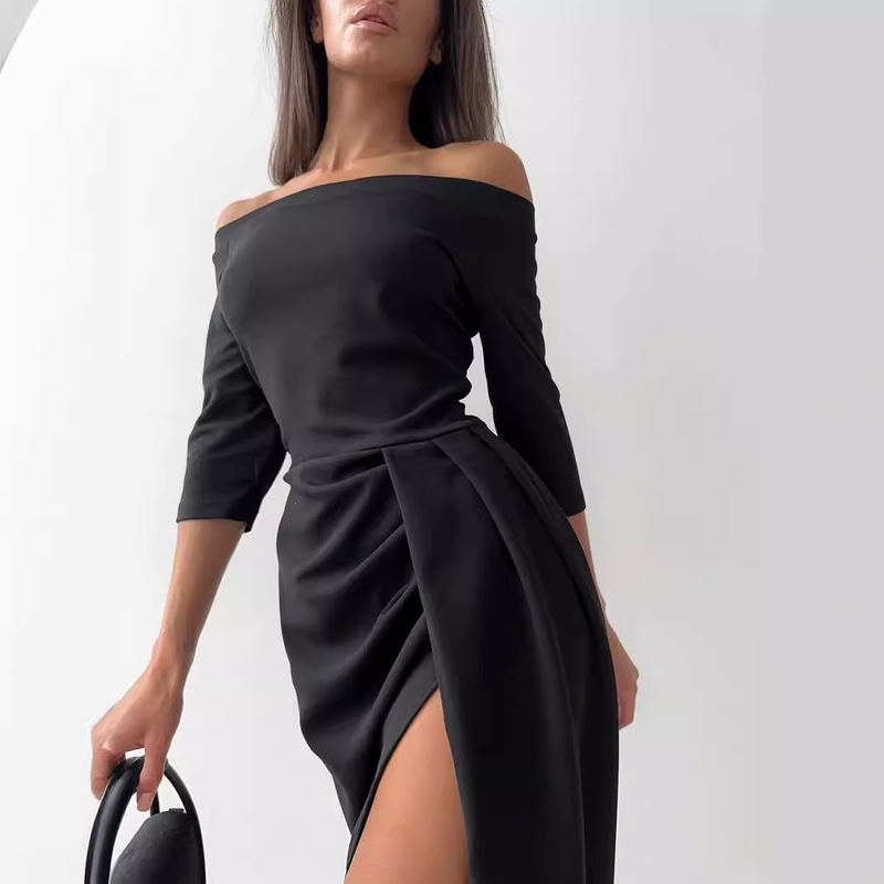 Creative Design European and American Foreign Trade Women's Wear One Character Collar Long Sleeve Waist Split Solid Color Sexy Fashion Party dress Creative Design European and American Foreign Trade Women's Wear One Character Collar Long Sleeve Waist Split Solid Color Sexy Fashion Party dress