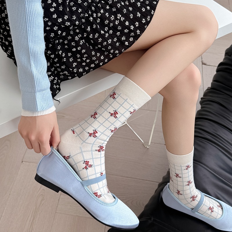 秋季新款浅蓝色系小清新格纹无中筒袜日系文艺小碎花堆堆袜女|undefined