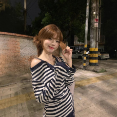 【工厂现货】韩系条纹假两件一字肩长袖t恤女秋季慵懒甜辣妹上衣