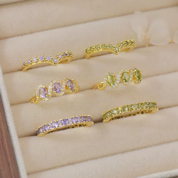 C303 French Light Luxury Original Design Olive Green Zircon Purple Zircon Ring Adjustable Ring Set