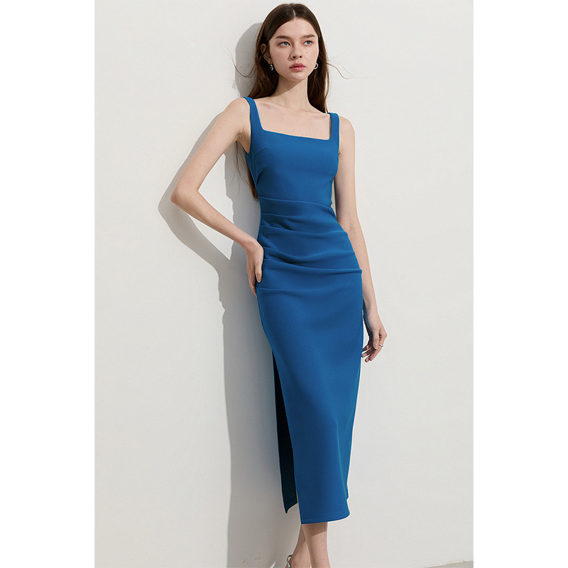 French-Style Retro Blue Color-Enhancing Spaghetti Strap Dress for Women, Summer High-End Split Waist-Cinching Elegant Bodycon Long Dress