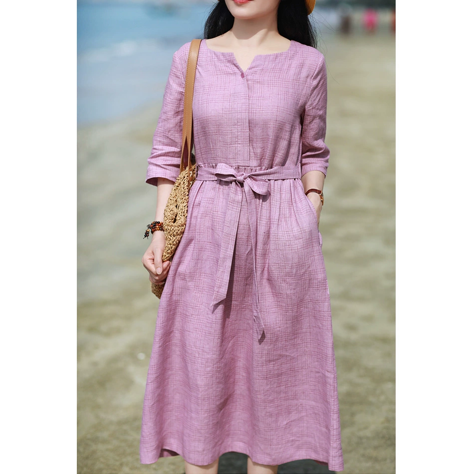 Оригинальная летняя новая женская одежда 2021, льняное длинное платье в стиле дорожного искусства, окрашенное в пряжу, платье на шнуровке с рукавами из семи точек