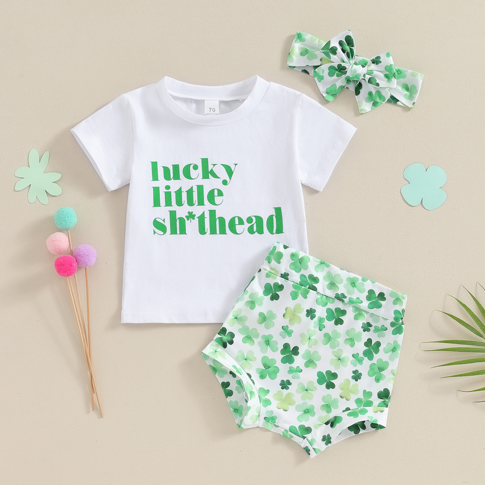 St. Patrick Pastoral Four Leaf Clover Cotton Baby Clothing Sets display picture 2