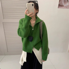 韓国系純色立襟デザイン感セーター女性カーディガン秋冬新作優しい風柔らかいモチモチとしたダブルジッパーニットコート