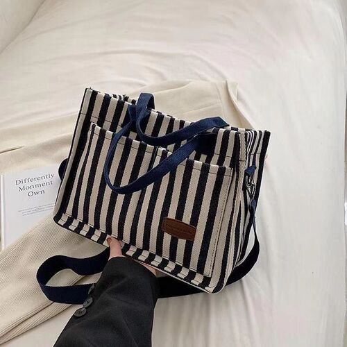 2024 New Women's Bag Trendy Commuter Large Capacity Striped Canvas Crossbody Bag Fashion Hand-held Tote