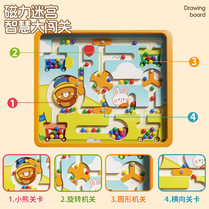 Tablero de dibujo magnético para niños Iluminación de rompecabezas para bebés Educación temprana Control de bolígrafos Juguetes para niños y niñas Laberinto magnético Juguetes con cuentas