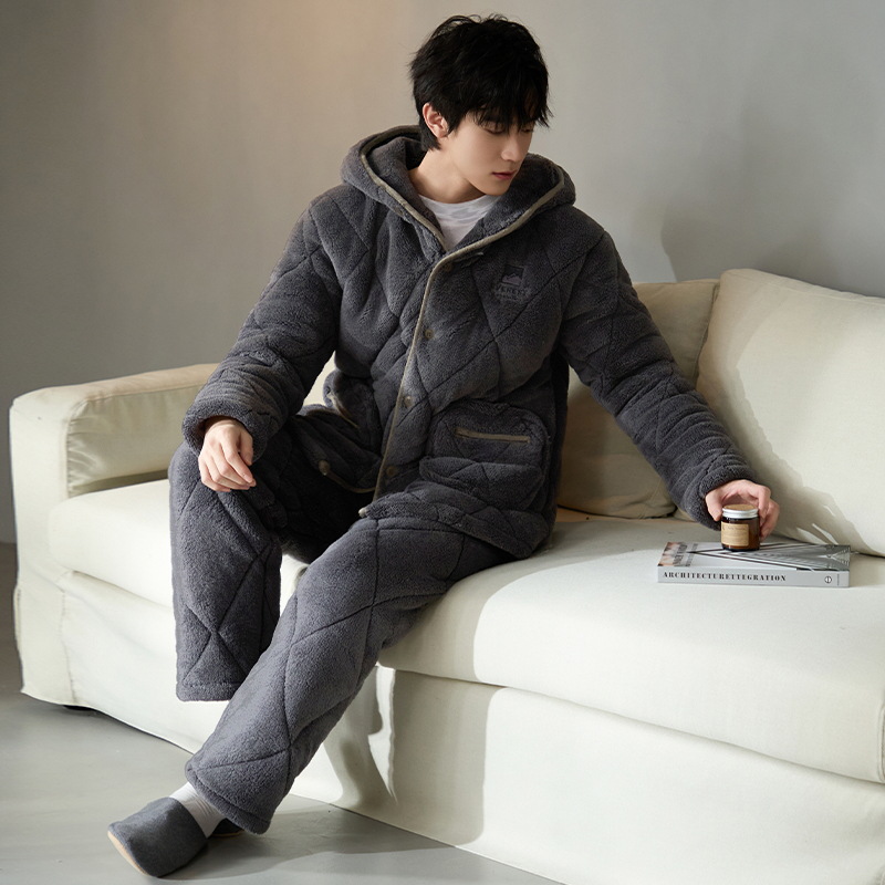 Pijama de hombre para hombre 2024 invierno encapuchado tres capas de algodón intercalado de mangas largas con camisa gruesa se puede usar en el exterior conjunto de ropa de casa