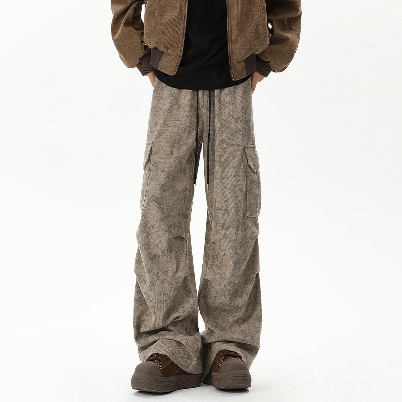 Wasteland-style Marble Pattern Work Pants For Men, Summer American-style Tie-dye Corduroy Pants, High Street Versatile_voghion.com