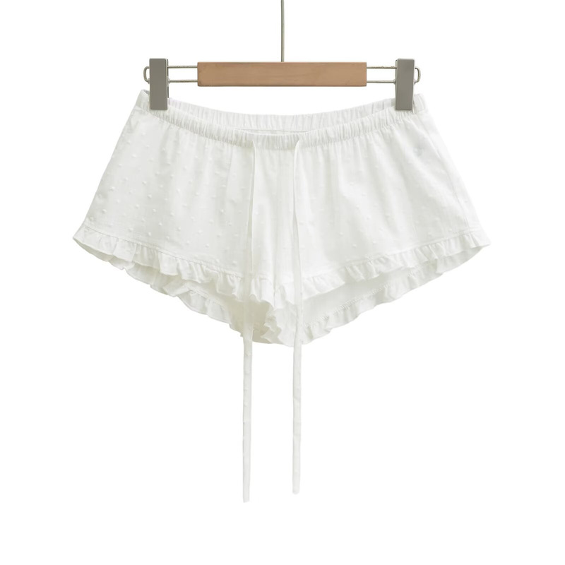 2026 new style hot girl BM style ruffled drawstring solid color wide-leg pants with intricate jacquard low-waist hot pants shorts for women