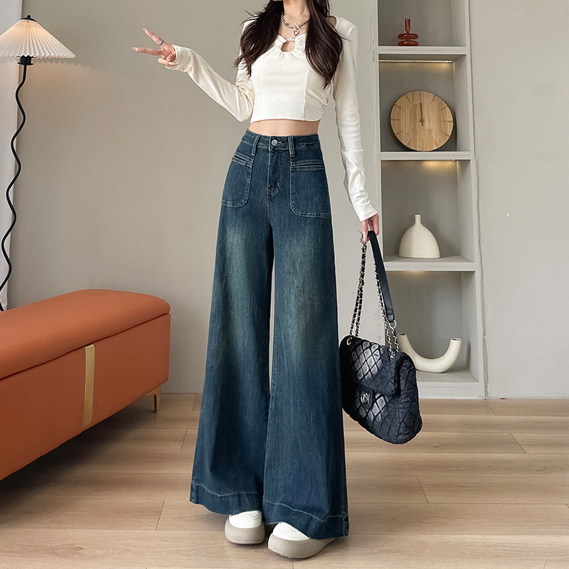 작은 느슨한 넓은 다리 청바지 여성의 가을과 겨울 새로운 디자인 센스 패션 높은 허리 슬림 모양 마이크로 lar 바지