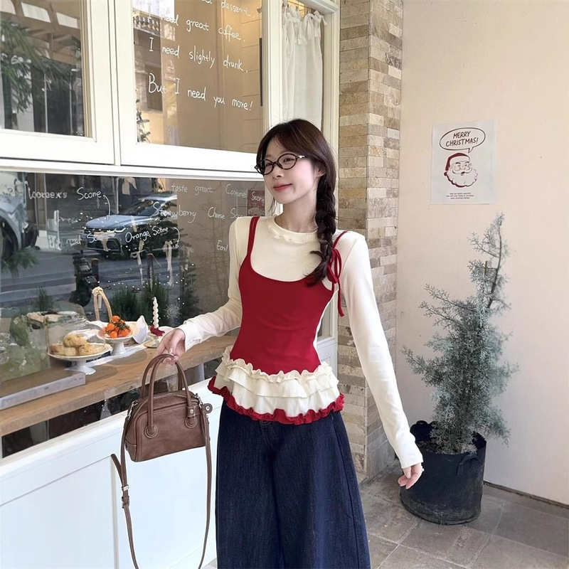 Design Sense Fake Two-piece Long-sleeved T-shirt Women's 2025 Early Spring Sweet Korean Fungus Lace Base Shirt Top Design Sense Fake Two-piece Long-sleeved T-shirt Women's 2025 Early Spring Sweet Korean Fungus Lace Base Shirt Top