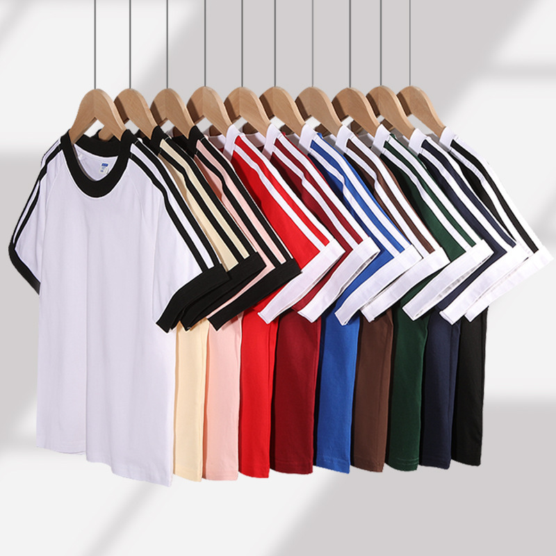 200g cotton short sleeve T-shirt men's three bars summer casual Joker crew neck sports short sleeve T-shirt jacket base shirt