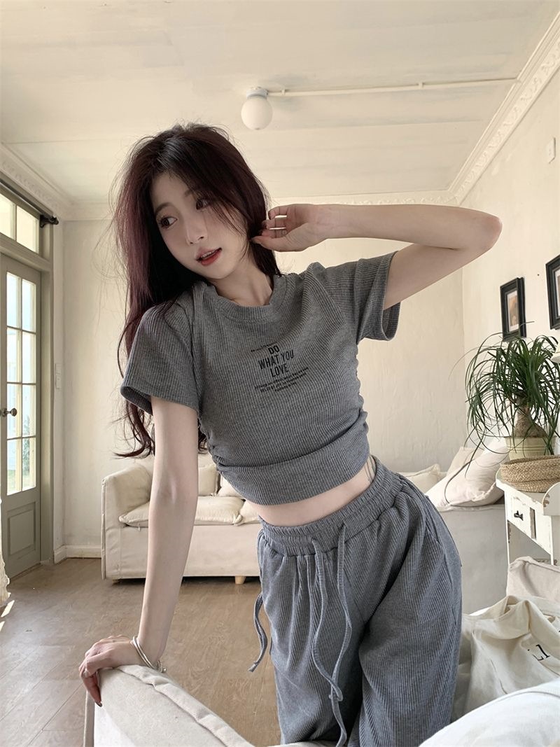 Women's Clothing Style Women's Two Piece Set Casual Gray Summer Top And Wide Leg Trousers Drawstring Tie Short Sleeved Outfit_ecoleips.com
