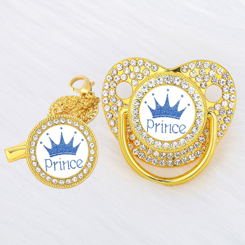 Nuevo Diamante Princesa/Príncipe Corona bebé chupete con clip de cadena 6m +