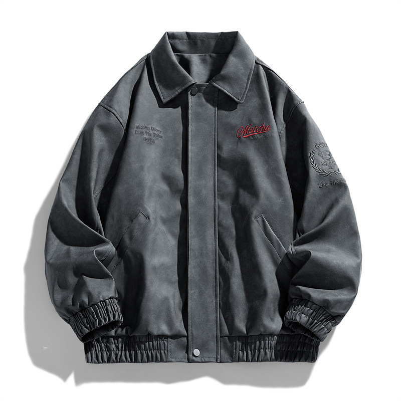 2025 Autumn American Retro Jersey Style Embroidered Jacket Men's Spring and Autumn Leather Coat Turn-Down Collar Motorcycle Leather Jacket