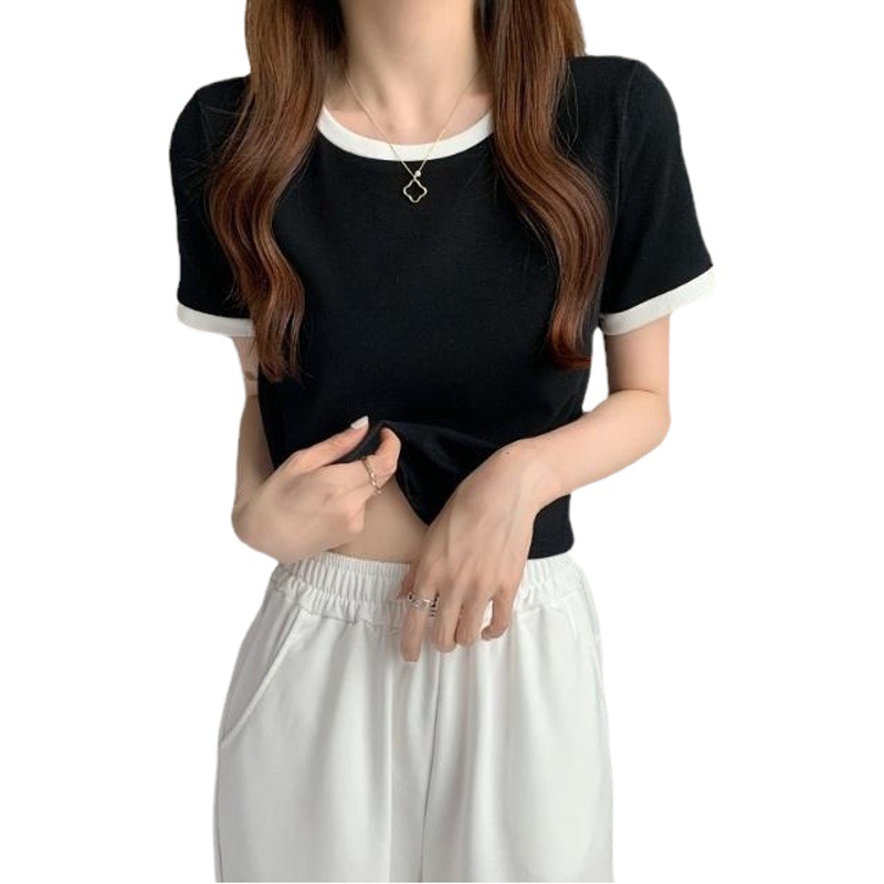 Camiseta de manga corta con cuello redondo y colores contrastantes para mujer, nueva camiseta de verano 2026, estilo coreano, corte ajustado, top corto para estudiantes, a la moda. image 1