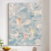 定制纯手绘奶油风油画好运锦鲤客厅沙发装饰画入户玄关画幸运