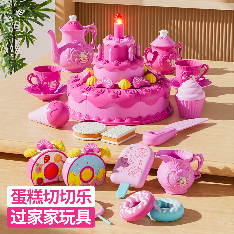 Niñas transfronterizas pastel cortar música sonido y luz vela postre té de la tarde juguetes de simulación set de té
