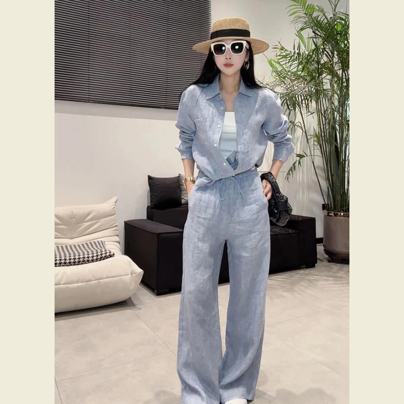 Spring Gaozhi Wear Small Dress Light Luxury High-end Formal Occasion Age-reducing Blue Shirt Casual Pants suit Women