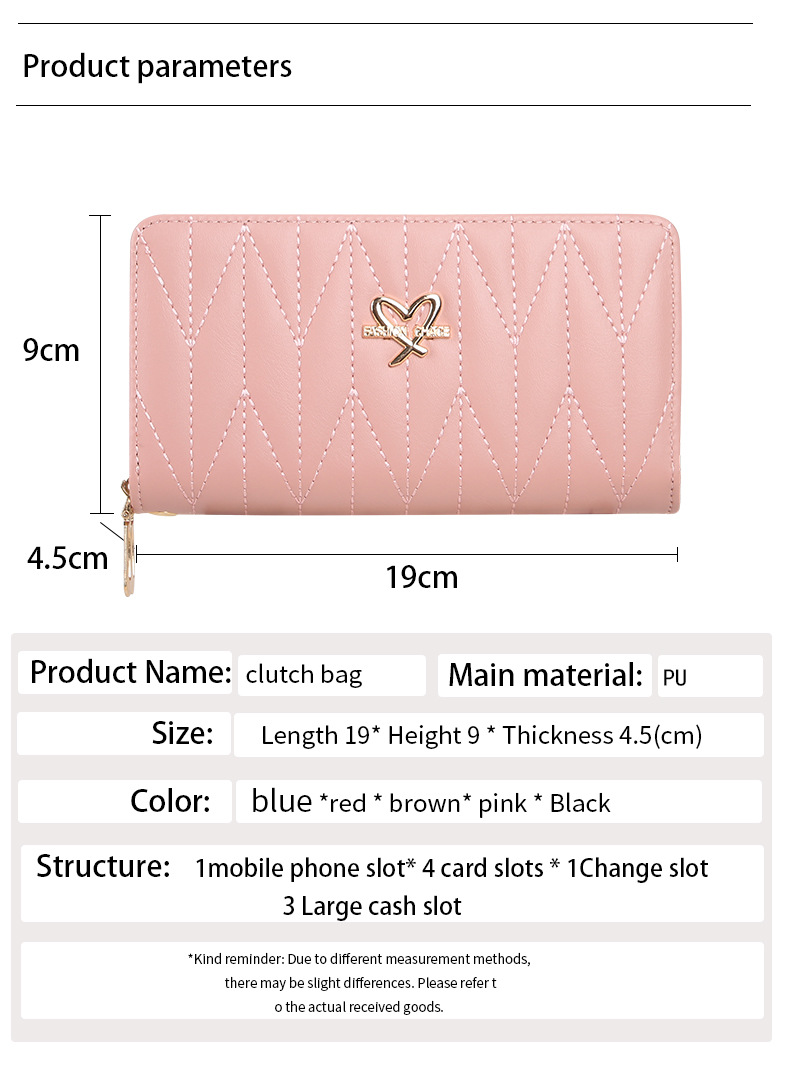 165g Weight Polyester Lining Material Zipper Closure Type Long Wallets Bags Type 1 Piece Quantity Daily Occasion Pu Leather Material Heart Shape, Solid Color Pattern All Seasons Season Women's Gender Simple Style Style Square Shape Women's Heart Shape Solid Color Pu Leather Zipper Long Wallets 8