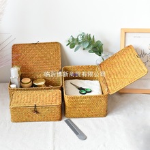 天然海草编织化妆礼品整理盒长正方形黑扣带平盖草编收纳篮伴手礼