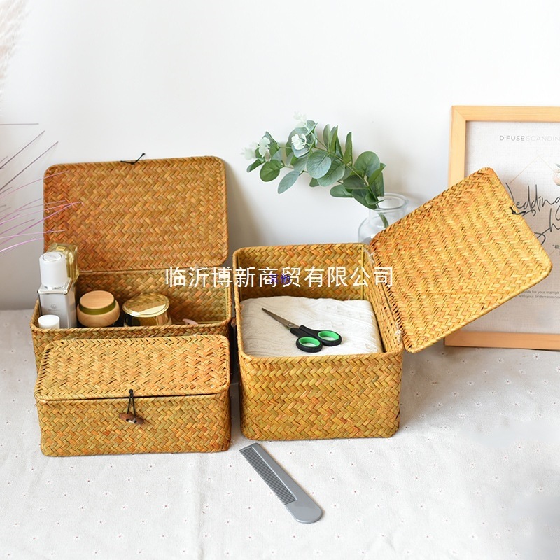 天然海草编织化妆礼品整理盒长正方形黑扣带平盖草编收纳篮伴手礼