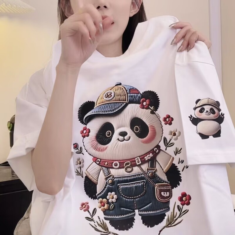 Summer Versatile Short-Sleeve T-Shirt for Women, Loose Fit, Slimming, Casual Round Neck, Faux Embroidery Print Top, Cute for Both Men and Women